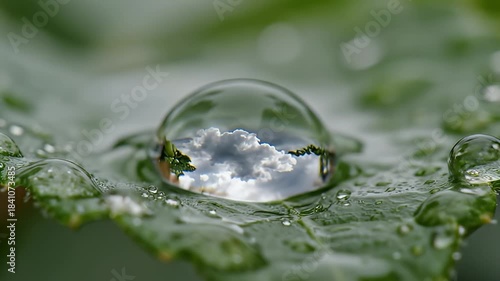 Close-up of a water droplet on a green leaf reflecting a cloudy sky with trees in the background, showcasing nature's intricate details and tranquility