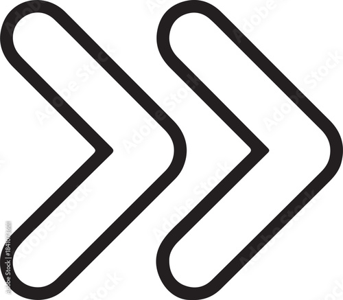 Double Right Arrow Outline Icon for Forward or Fast Navigation, Two outlined right-pointing arrows symbolizing forward movement, fast navigation, next step, or acceleration for UI, media players, and
