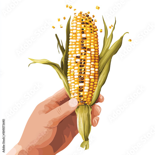 Hand Holding Freshly Harvested Ear of Corn with Kernels Scattered