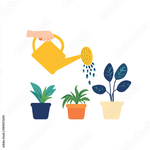  Hand watering potted plants with a yellow watering can.