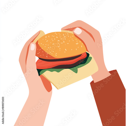 Hands holding a delicious freshly made hamburger with various toppings