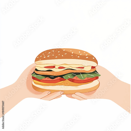 Hands holding a delicious freshly made hamburger with various toppings