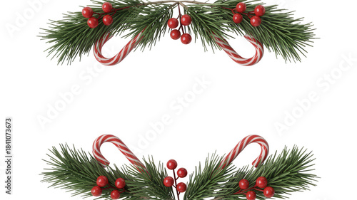 Christmas frame with fir branches, candy canes and red berries isolated on transparent background