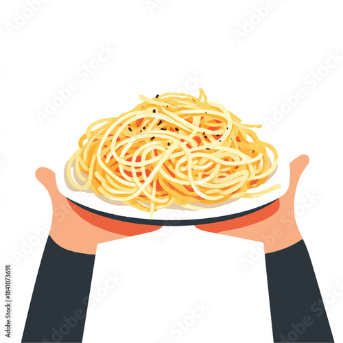  Hands holding a plate of delicious spaghetti pasta ready to eat.