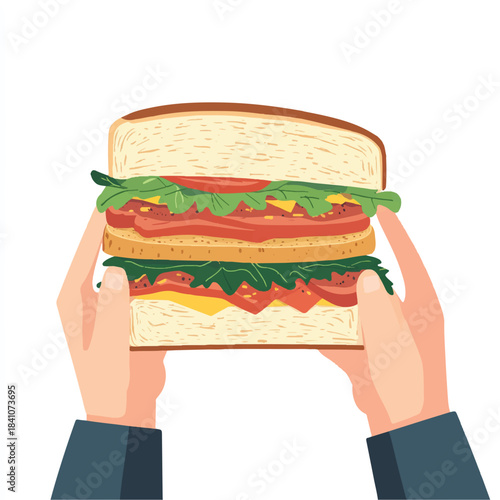  Hands holding a delicious sandwich with multiple layers of ingredients.