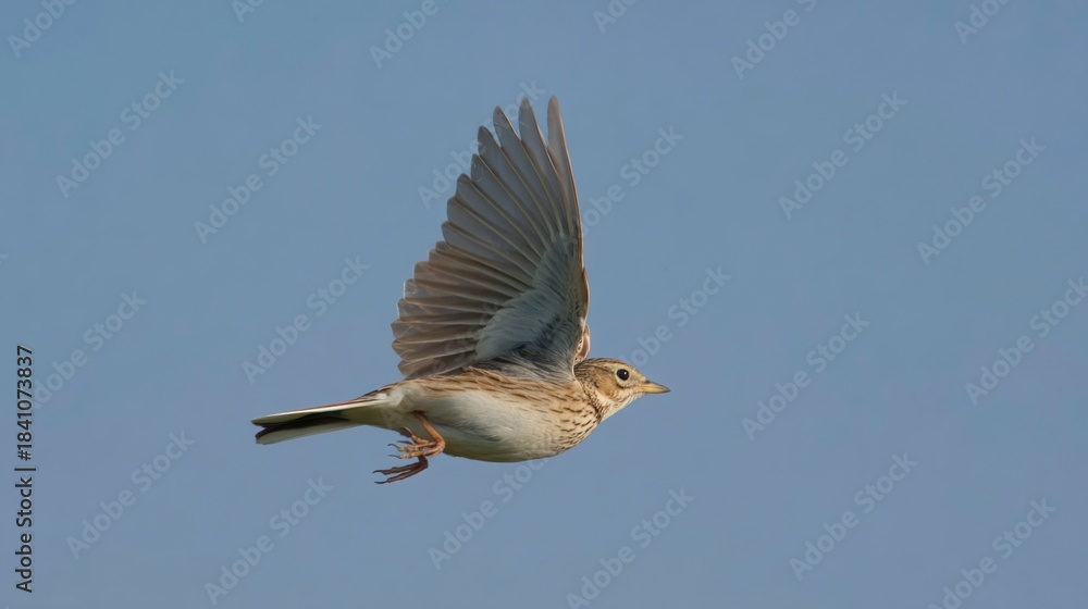 Obraz premium skylark. A skylark bird soaring high in the blue sky with its wings fully spread. wildlife magazines, conservation campaigns, designed for eco-tourism storytelling, promotes animal welfare.