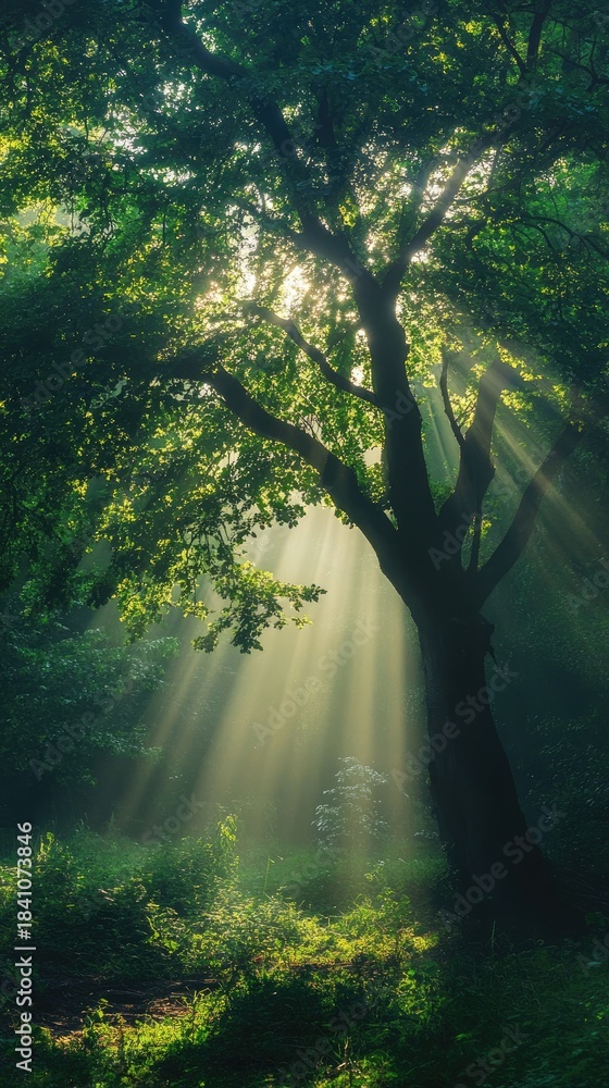 Naklejka premium Sunlight shines through trees in a misty green forest