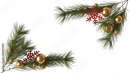 Christmas corner decoration with pine branches, gold ornaments, and red snowflake accents isolated on transparent background