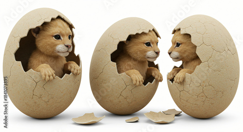 Three enchanting baby lion cubs, with their soft fur and curious eyes, adorably emerge from cracked eggs, symbolizing unexpected beginnings, new life, and the innocent charm of wildlife