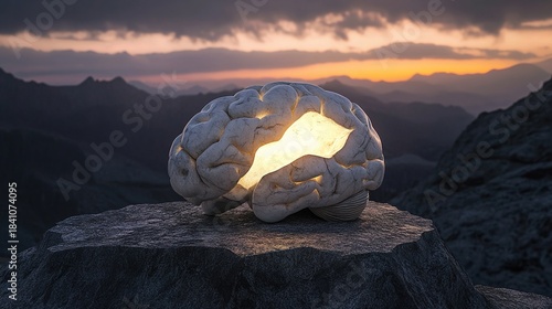 psychological. A cracked marble brain sculpture with fading internal light on a dark background. wellbeing guides, coaching materials, designed for coaching and self-improvement content.