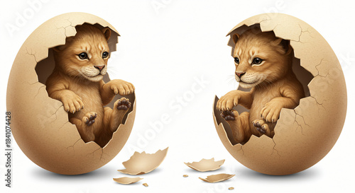 Two adorable lion cubs emerge from cracked eggs, symbolizing new beginnings and unexpected life in a whimsical fantasy illustration, evoking wonder and potential
