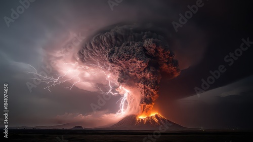 Massive Volcanic Eruption Under Dark Stormy Sky With Intense Lightning Strikes And Fiery Lava Flow