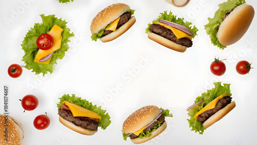Delicious Cheeseburgers and Fresh Tomatoes Arranged in a Circle on White Background