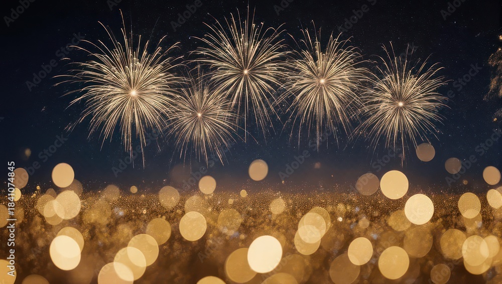 Fototapeta premium Night sky alight with bursting fireworks above a bokeh filled golden foreground