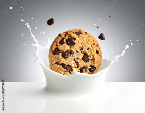 A chocolate chip cookie is splashing in a pool of fresh milk
