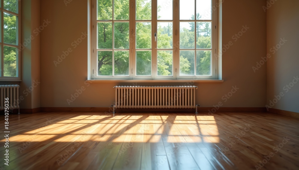 Fototapeta premium Interior scene with natural light streaming through large windows onto polished wooden floor. Vintage radiator sits below window, creating cozy atmosphere. Empty space invites imagination for design.