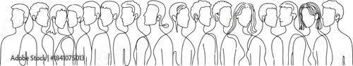 A continuous line drawing shows a diverse group of people standing in profile facing one direction