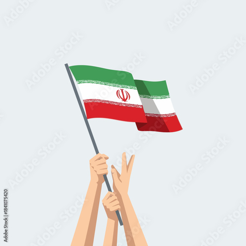 Hands holding iran flag and making victory sign. Symbol of freedom and democracy.