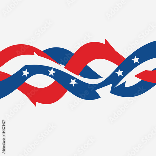 Wavy ribbons with stars in patriotic colors of red, white, and blue for decoration.