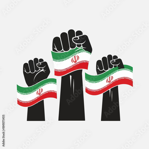 Raised fists holding the flag of iran, symbolizing protest, revolution, and unity.