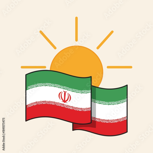 Illustration of the iran flag waving with sun in the background, national identity.