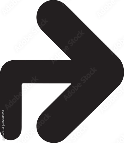 Curved right-turn arrow bold icon graphic, Black rounded arrow icon showing a right-turn direction, useful for navigation, interface design, movement indicators, or modern directional symbols.

