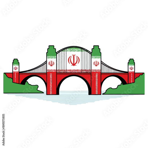 Bridge illustration with iranian flag colors and emblem, a symbol of iranian architecture.