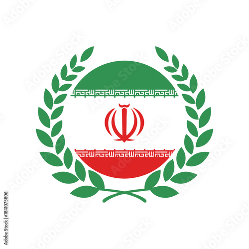 Iran flag inside a laurel wreath, national emblem. Symbol of the country and patriotism.