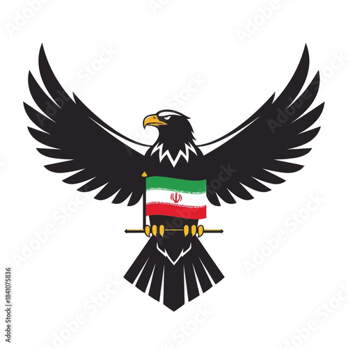 Heraldic eagle holding the flag of iran with its claws, vector illustration symbol.