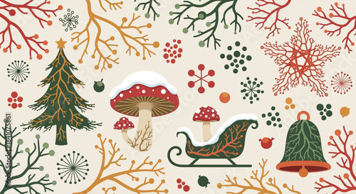 Fungus-Inspired Christmas Icons Flat Background with Mycelium Patterns