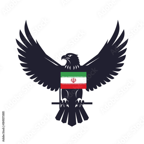 Silhouette of an eagle with spread wings holding the flag of iran on its chest.