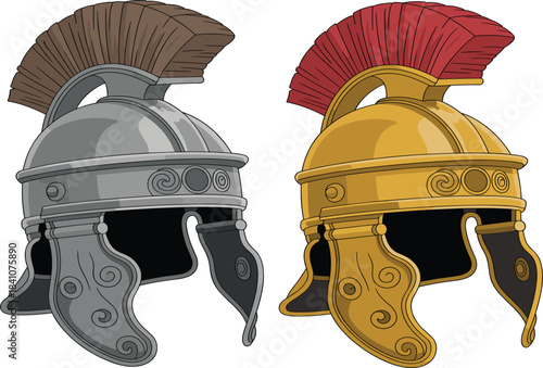 Two ancient Roman legionary helmets, bronze and silver, with crests, war history artifact vector