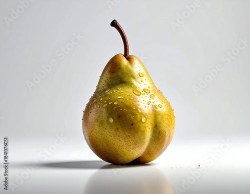 A single pear, with water droplets, on a white surface and shadow