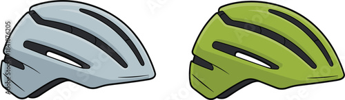 Set of two modern cycling or bicycle helmets, gray and green, for sports safety vector