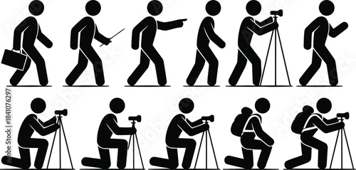 A diverse group of black stick figures engaged in various actions and outdoor occupations