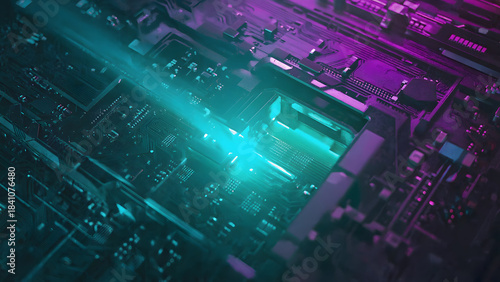 Circuit Board with Glowing Blue Light Beam and Purple Neon Accents