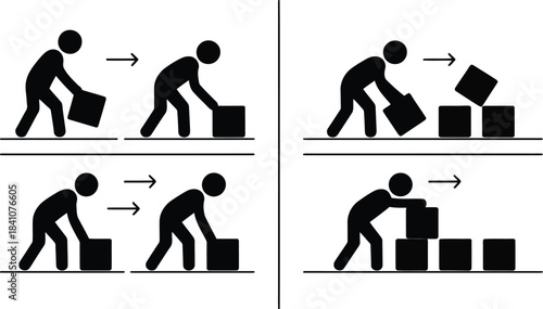 A grid of simple pictograms showing people moving and stacking boxes in a step by step sequence