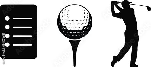 A golf checklist, a golf ball on a tee, and a golfer swinging a club are shown together