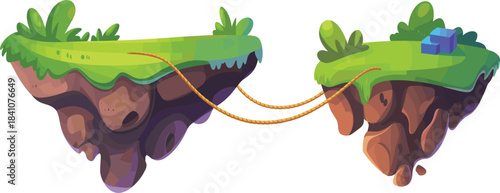 Two isolated fantasy floating islands connected by rope bridge vector illustration, game asset cartoon style