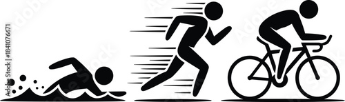 A group of three black silhouettes representing swimming running and cycling for triathlon competition