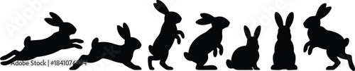 A row of elegant black rabbit silhouettes displaying various charming poses on a pristine white surface