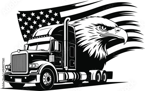 A strong semi truck is depicted with an American flag and a bold bald eagle head in the background