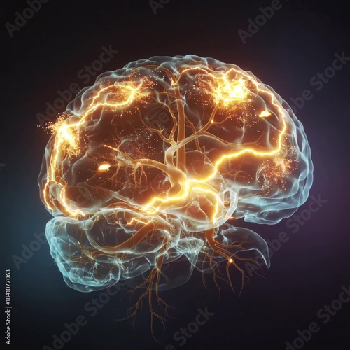 Animation of glowing neural network inside transparent brain silhouette