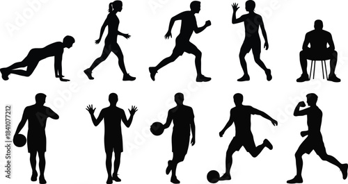 A versatile set of ten black human silhouettes demonstrates various fitness exercises and athletic postures