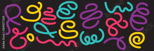 Colorful and Monochrome Abstract Squiggle Pattern  multicolor and whit abstract squiggle lines on dark backgrounds, ideal for modern design themes, creative branding, and artistic EPS10/AI.