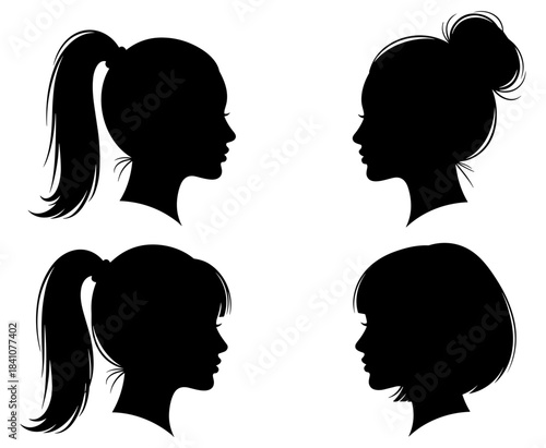 female, hairstyle, silhouette, icon, set, ponytail, bun, bangs, bob, haircut, black, white woman profile illustration, stylized hair icons, black and white drawing, hairstyle variety, fashion vector, 