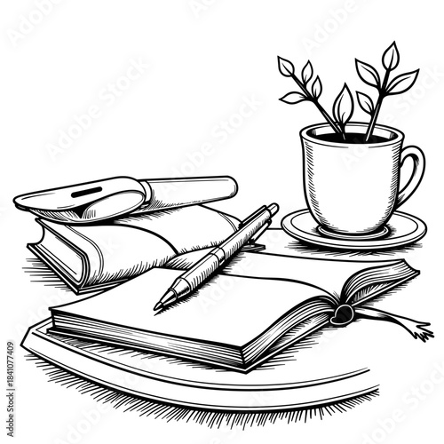 Pen and notepad with cup of tea on desk, writing tools and relaxation in home office setup