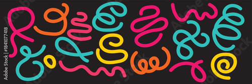 Colorful and Monochrome Abstract Squiggle Pattern  multicolor and whit abstract squiggle lines on dark backgrounds, ideal for modern design themes, creative branding, and artistic EPS10/AI.