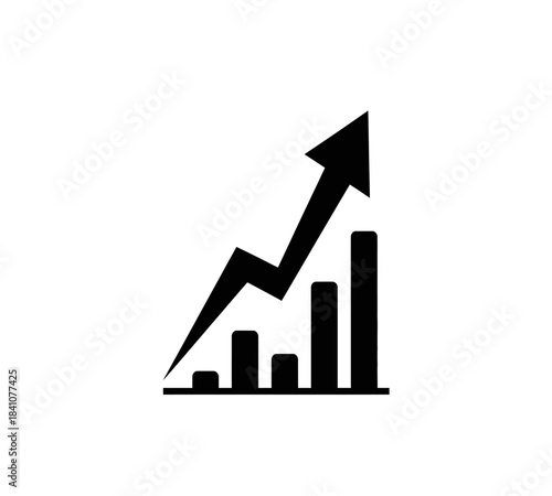 Single black arrow growing pointing up on chart graph bars icon, success graph trending upwards flat design interface infographic element for app ui ux web button, vector isolated on white background