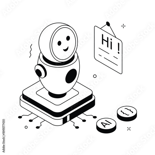 Isometric illustration of friendly AI robot, intelligent assistants and automation